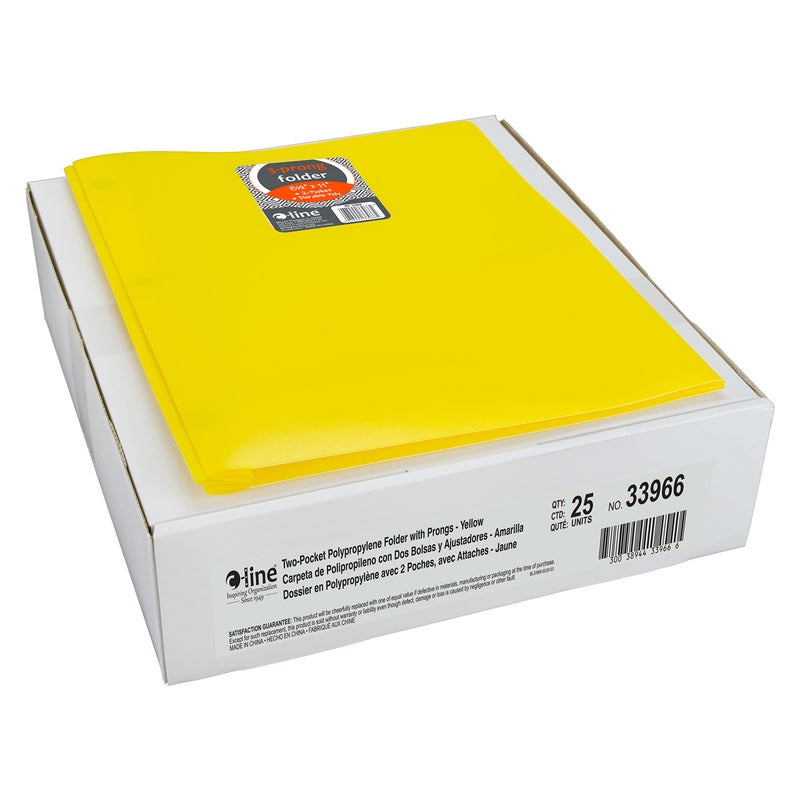 C-Line Two-Pocket Heavyweight Poly Portfolio with Prongs, For Letter Size Papers, Includes Business Card Slot, 1 Case of 25 Portfolios, Yellow (33966-25) - Image 2